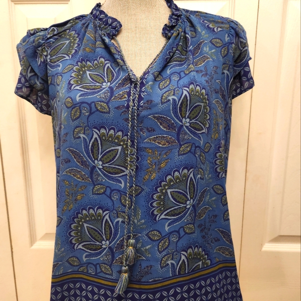 Rose & Olive Blue Floral Women's Peasant Top